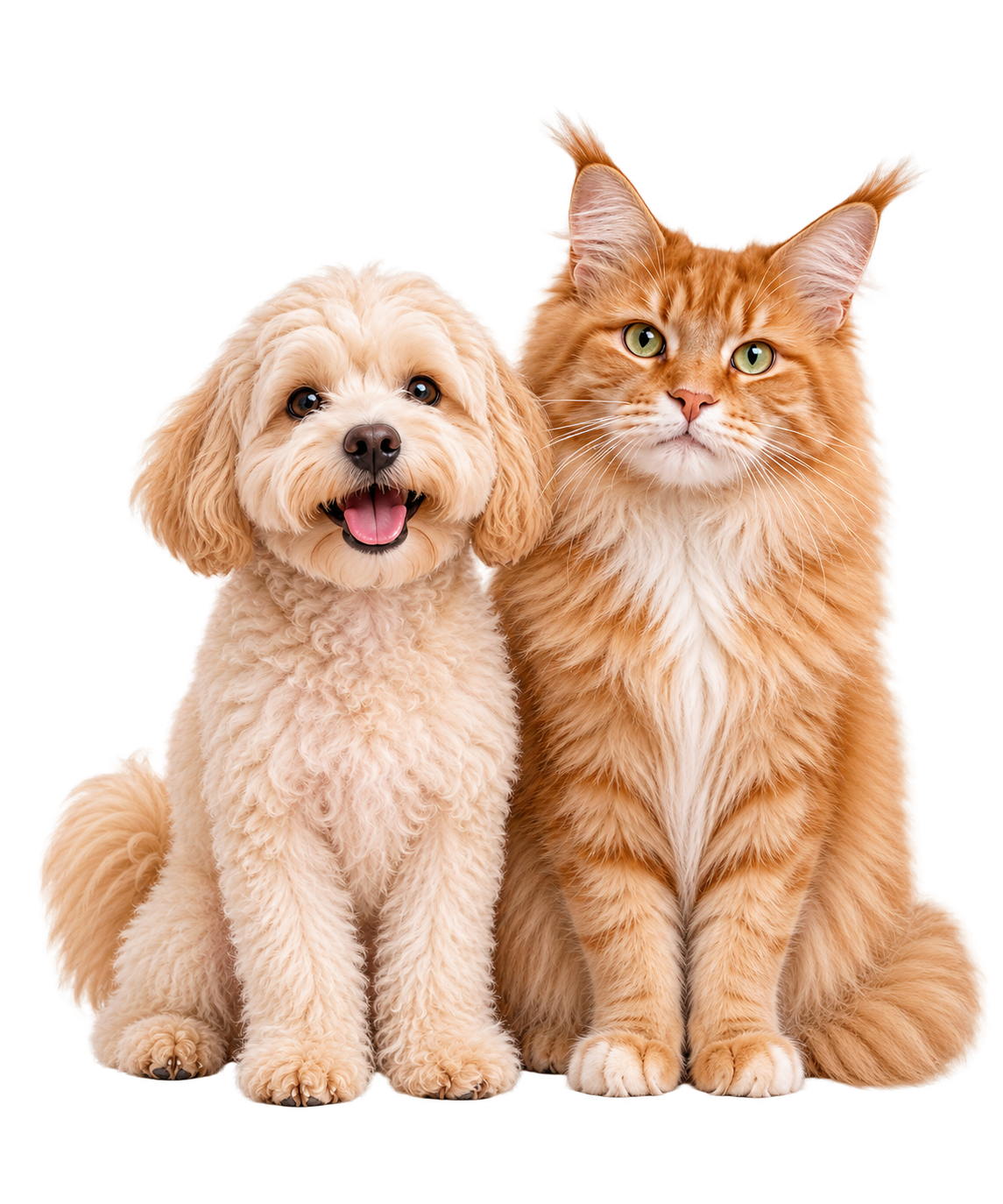 Hund und Katze sitzend nebeneinander